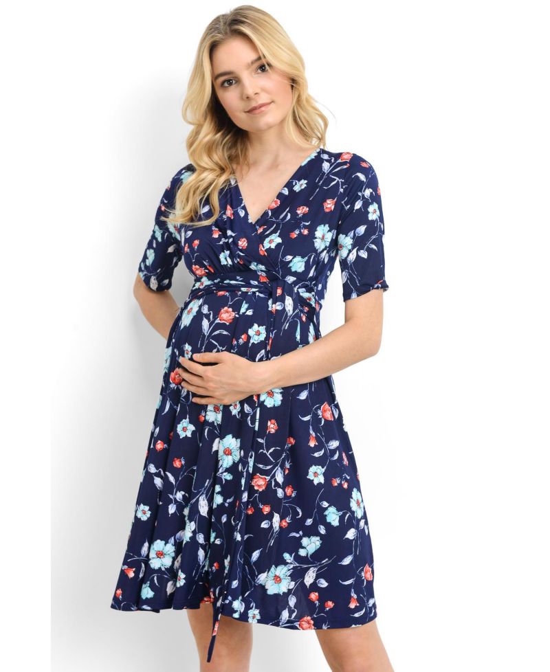 Women's Floral Short Sleeve Nursing Dress with Waist Tie