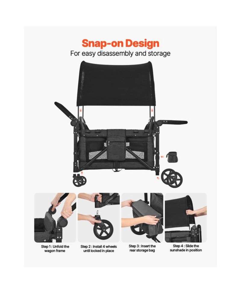4 Seat Wagon Stroller 330 lb Foldable Push Pull with Canopy