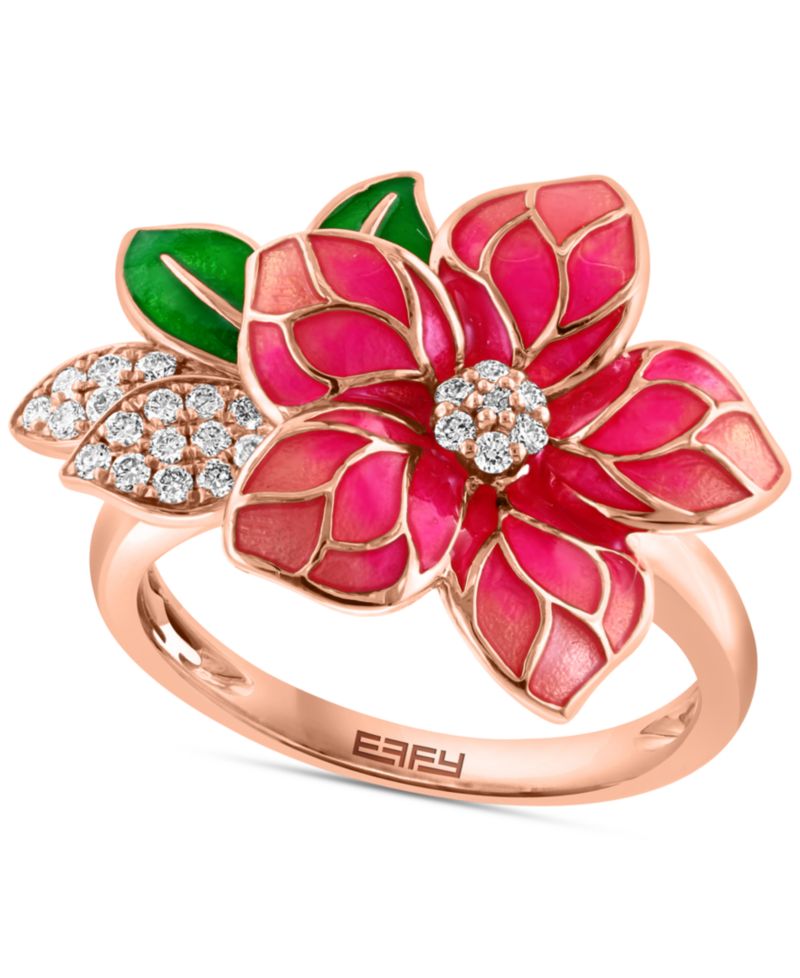 EFFY® Pink & Green Enamel & Diamond Flower Ring (1/5 ct. t.w.) in 14k Rose Gold