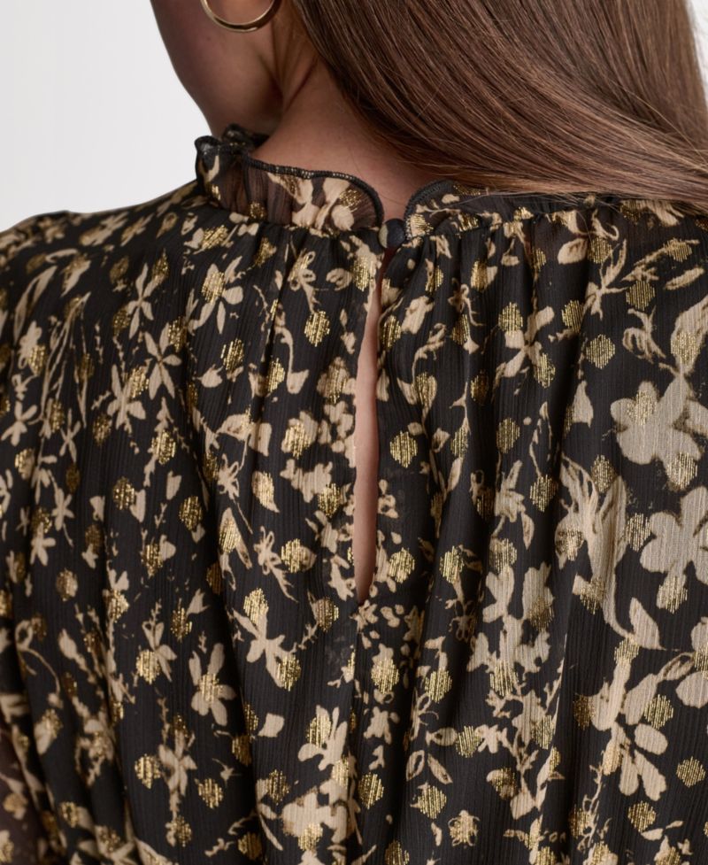 Women's Printed Puff Short-Sleeve Mock-Neck Dress