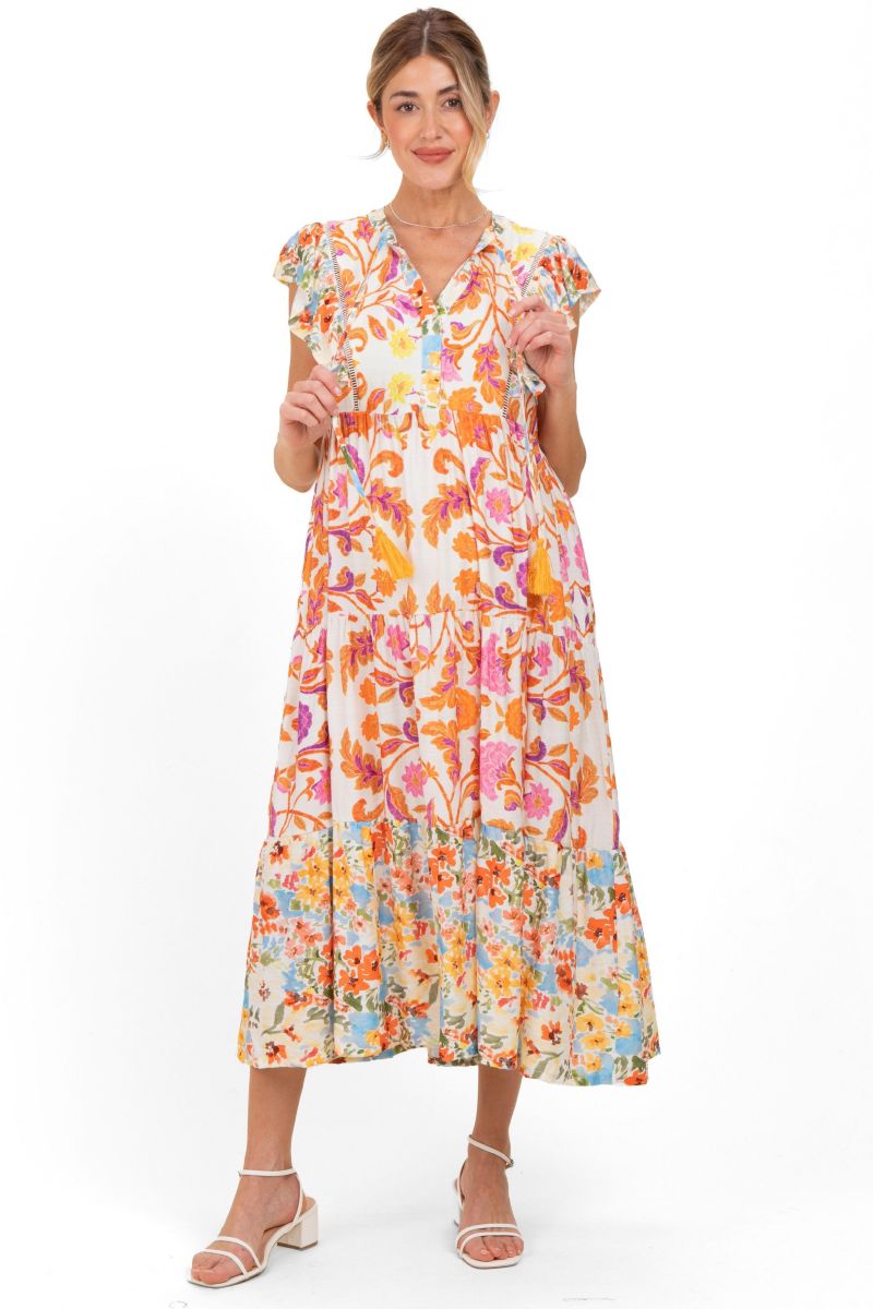 Women's Orange Colorblock Floral Tassel Front Tie Dress
