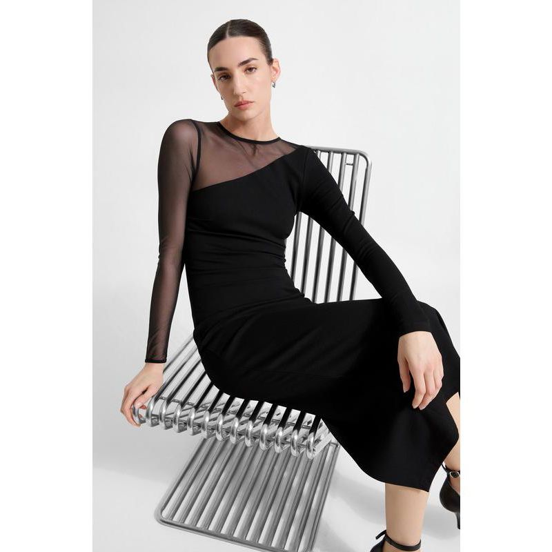 Women's Milo Mesh-Sleeve Column Midi Dress with Back Slit
