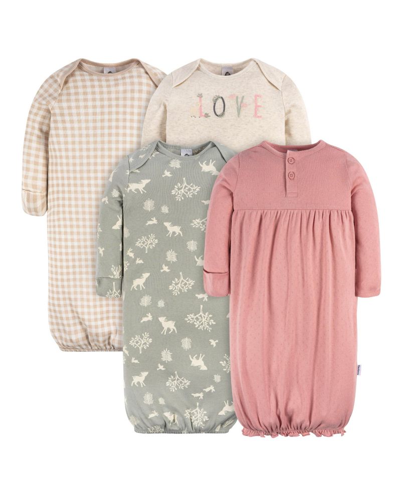 Baby Girls Gowns with Mitten Cuffs, 4-Pack