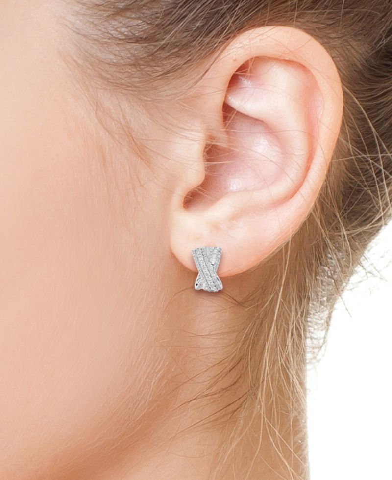 EFFY® Diamond Round & Baguette Crossover Huggie Hoop Earrings (7/8 ct. t.w.) in 14k White Gold