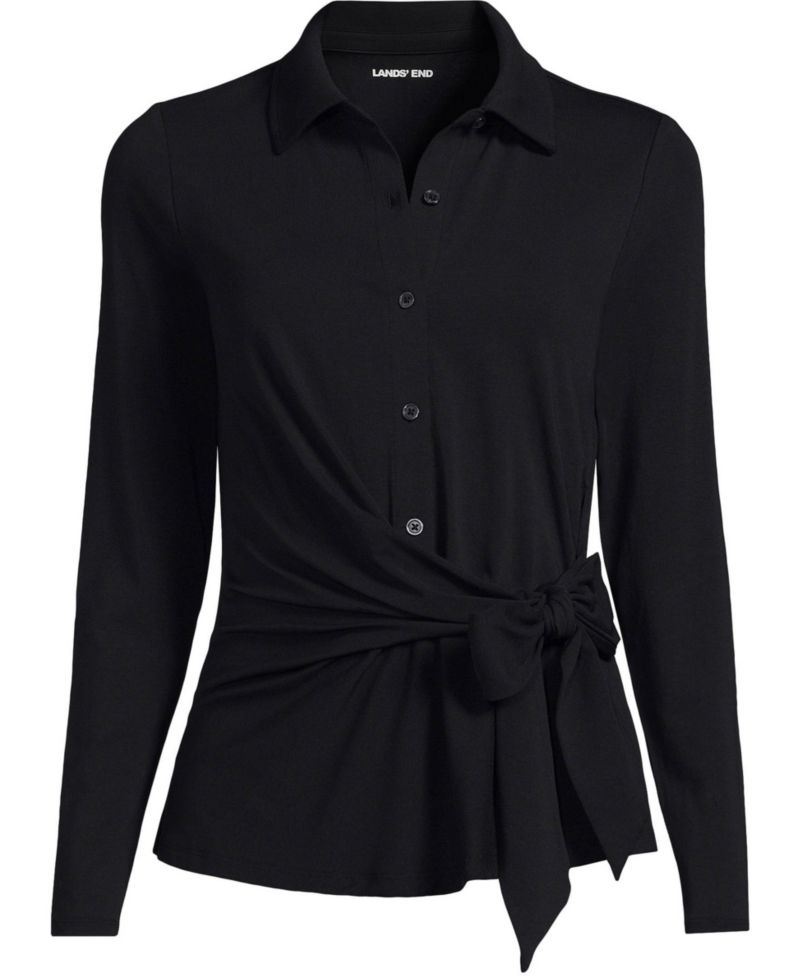 Plus Size Long-Sleeve Jersey Tie Detail Blouse