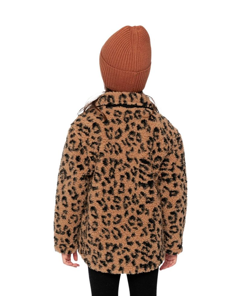 Big Girls Zipped Sherpa Overshirt with Chest Pockets Leopard Fur