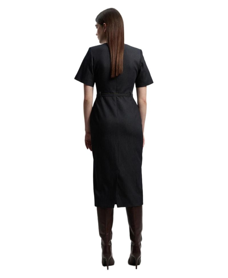 Women's Tailored Denim Belted Midi Dress