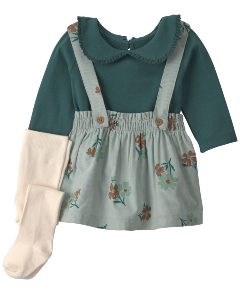 Baby Girls' T-Shirt, Floral Corduroy Dress and Tights, 3-Piece Set