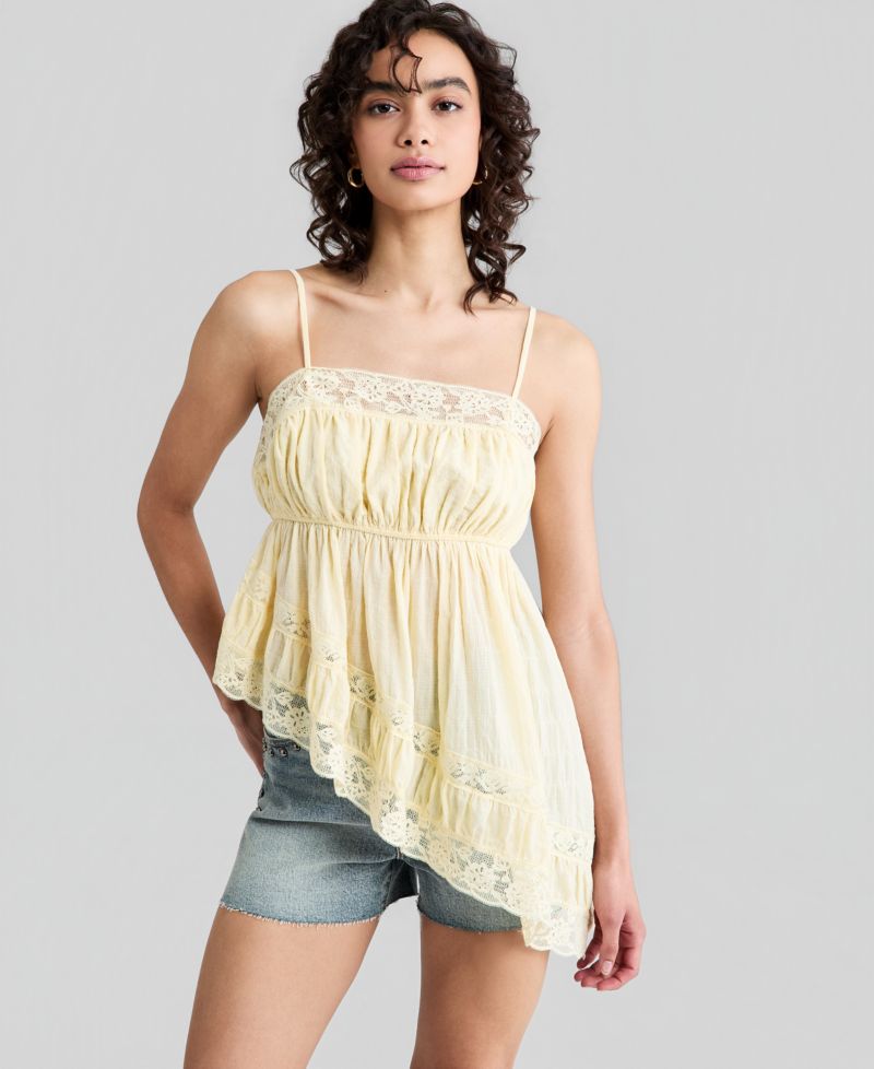 Petite Asymmetrical Lace Trim Pull-On Top