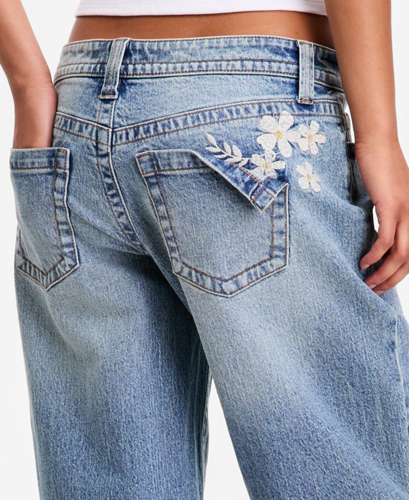 Juniors' Low Rise V-Waist Baggy Embroidered Straight Leg Jean
