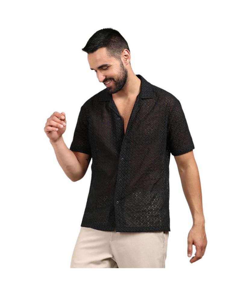 Men's Midnight Black Floral Embroidered Shirt