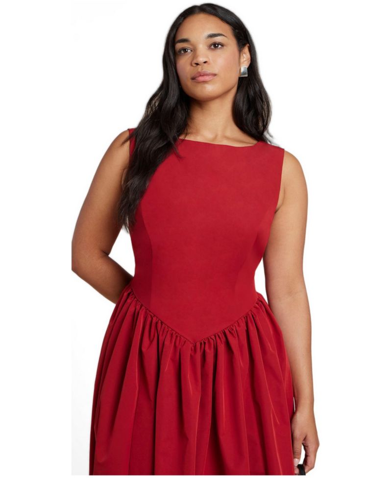 Plus Size Boat-Neck Fit-and-Flare Taffeta Midi Dress