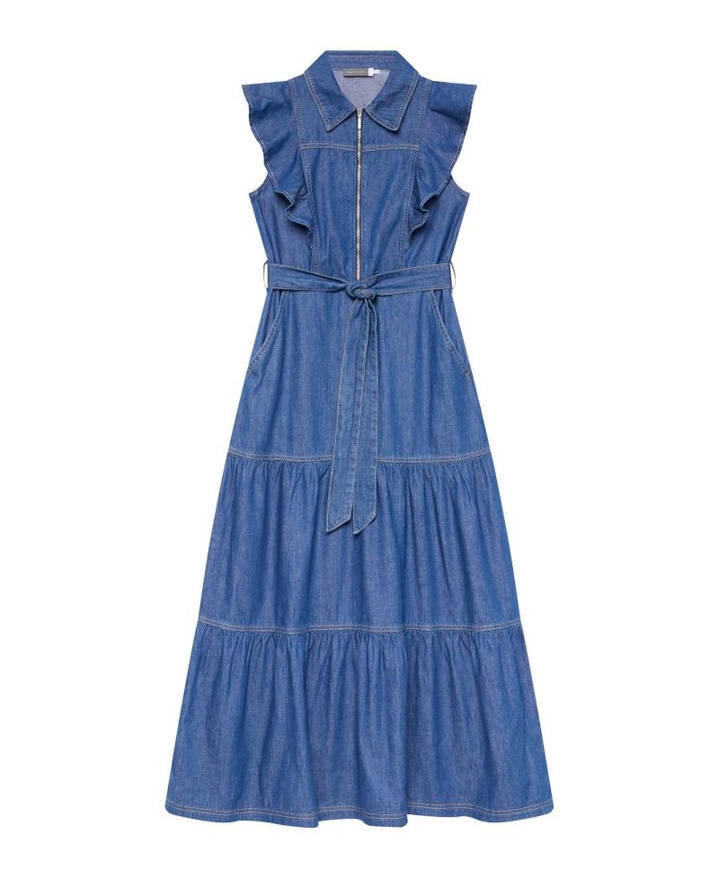 Women's Denim Ruffle Maxi Shirt Dress