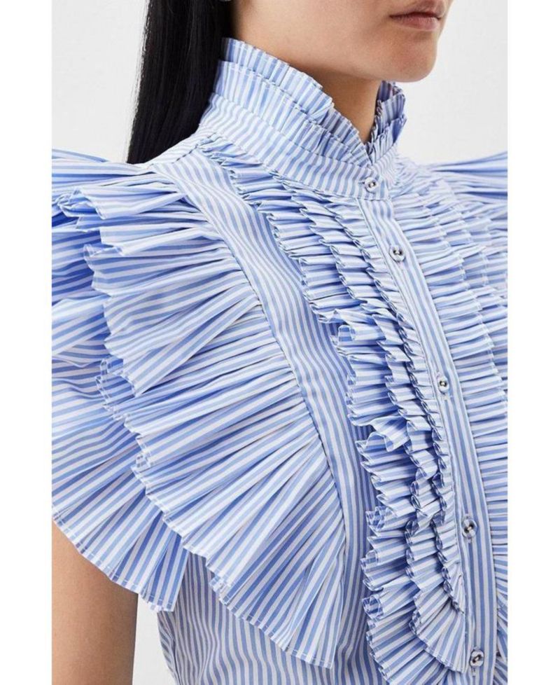 Women's Sleeveless Striped Pleated Ruffle Blouse