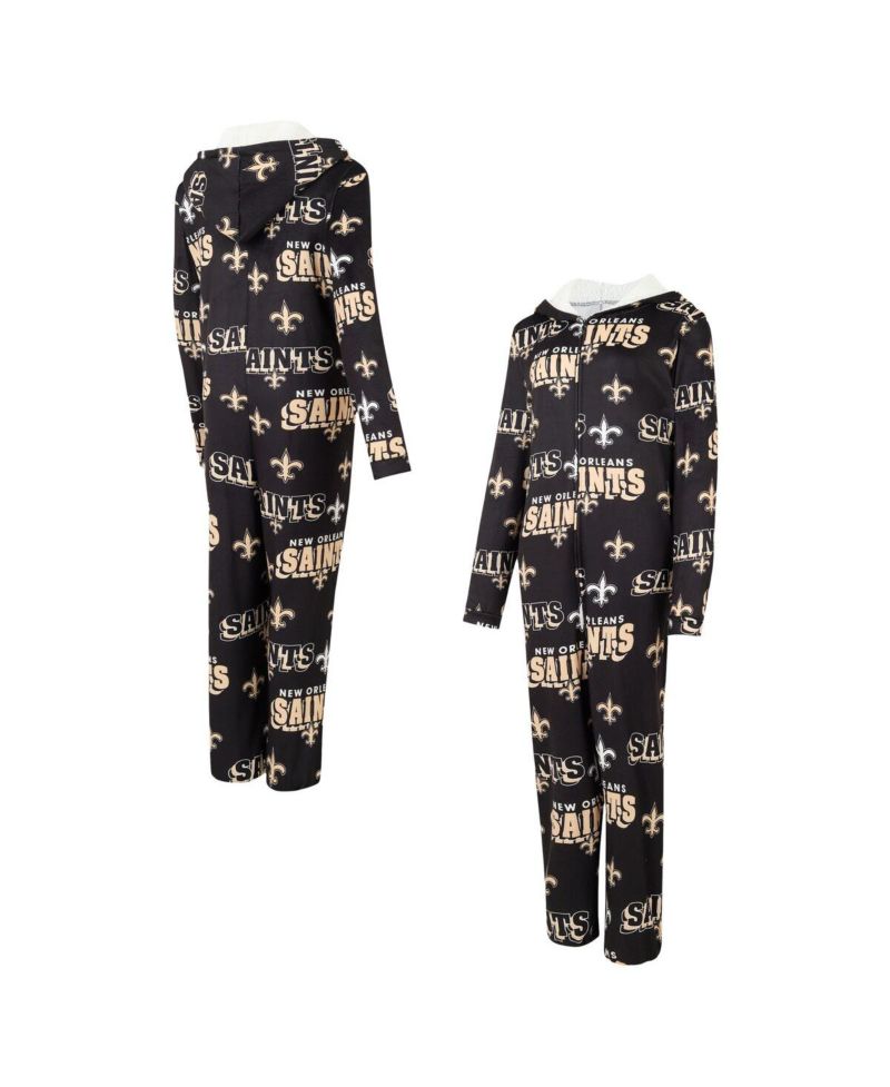 Women's Black New Orleans Saints Roadway Allover Print Microfleece Full-Zip Union Suit