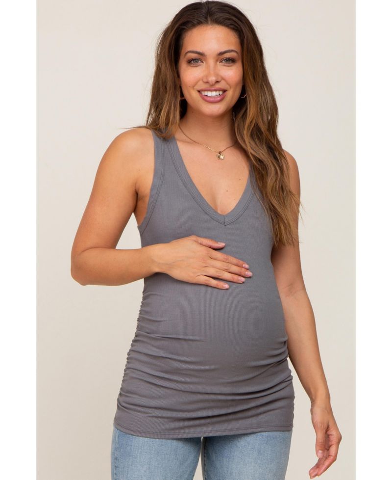 Women's Charcoal Ribbed Sleeveless Ruched Tank Top