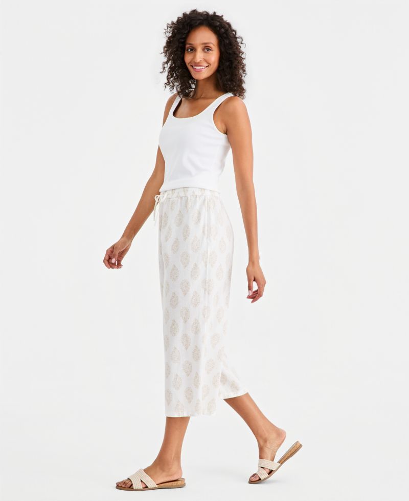 Women's Printed Linen Wide-Leg Capri Pants
