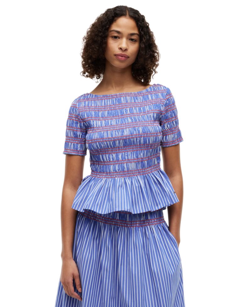 Women's Smocking Striped Boat Neck Cotton Top