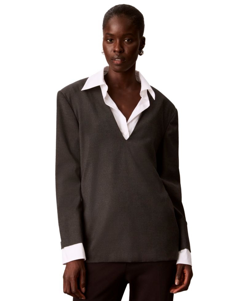 Women's V-Neck Long-Sleeve Built-in Shirt Underlay Tunic