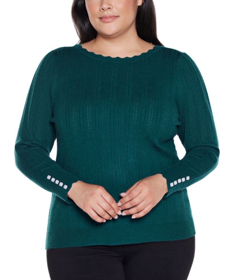 Plus Size Scalloped-Trim Boat Neck Sweater