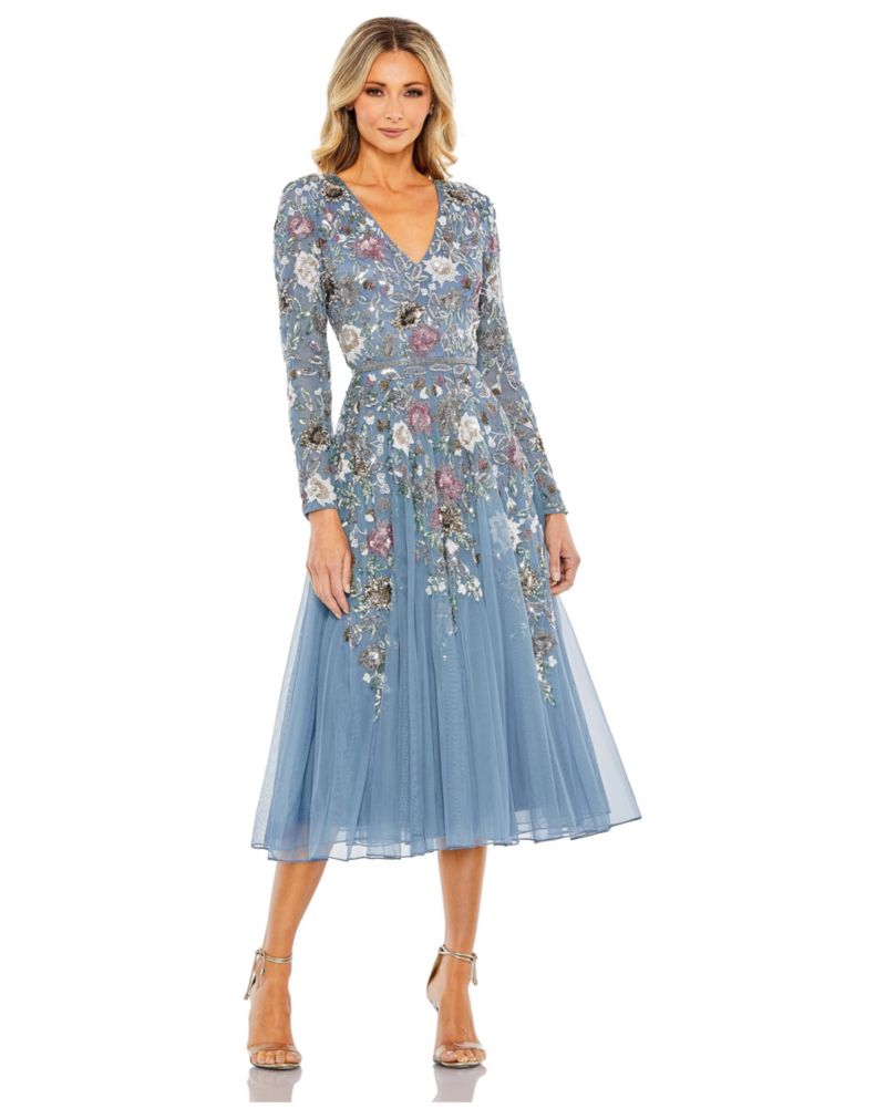 Women's Hand Embellished Floral V Neck Long Sleeve Dress