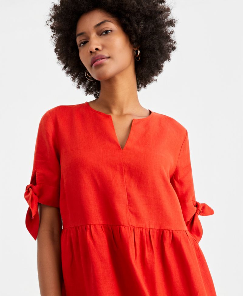 Women's 100% Linen Tie-Sleeve Tiered Midi Dress