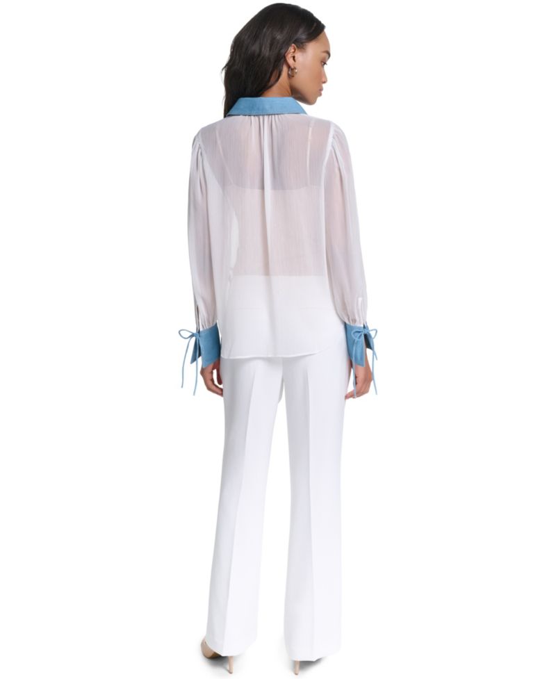 Petite Denim Collar and Cuff Crinkle Chiffon Button-Up Top