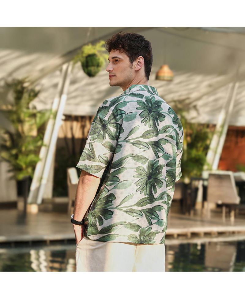 Men's Jungle Green & Ivory White Flora-Stroke Oversized Shirt