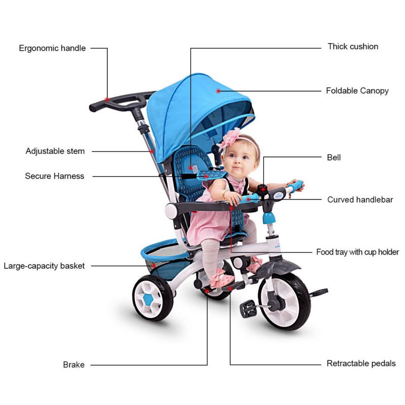 Baby Tricycle Stroller 6-in-1 Kids Push Trike with Removable