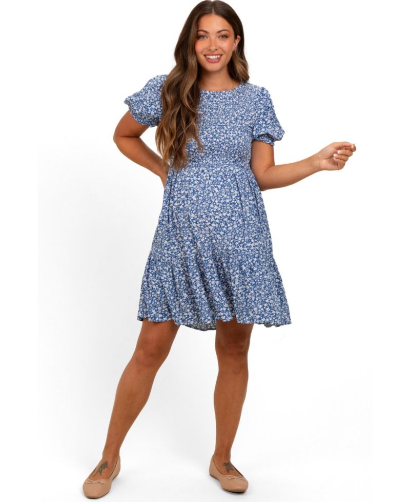 Women's Blue Floral Puff Sleeve Smocked Dress