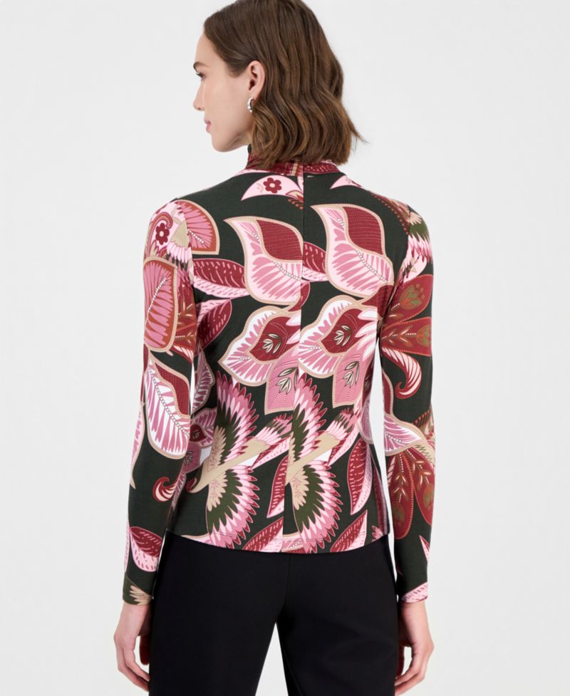 Women's Floral Mock-Neck Back-Zip Blouse