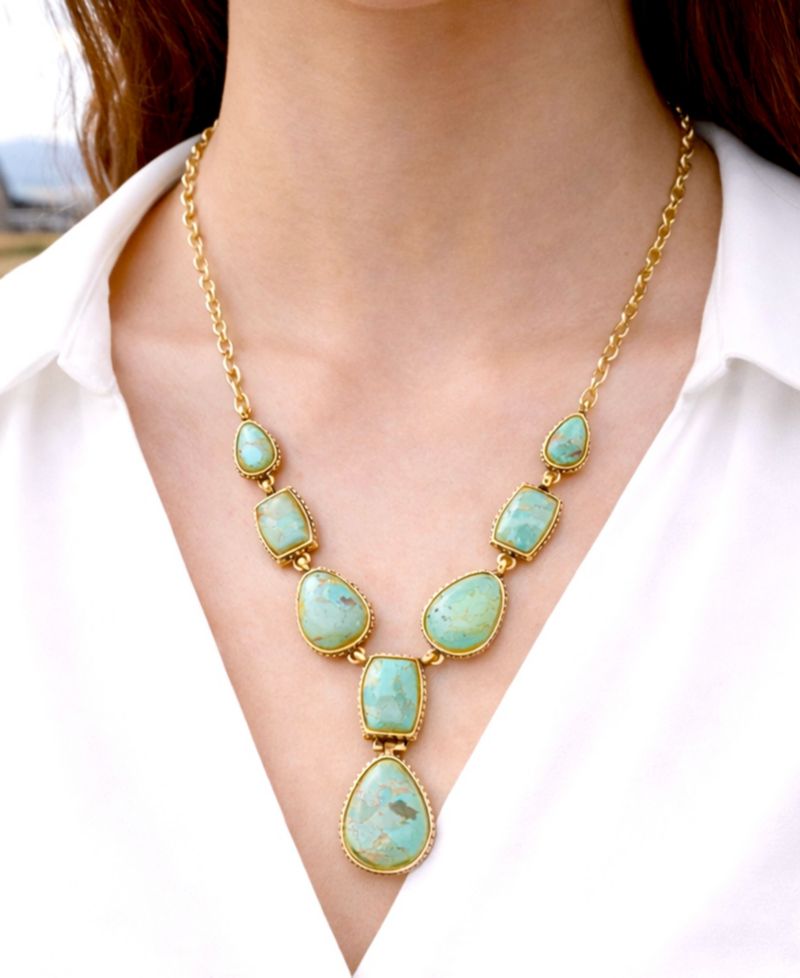 Genuine Blue Turquoise Roped Golden Bronze Y Necklace