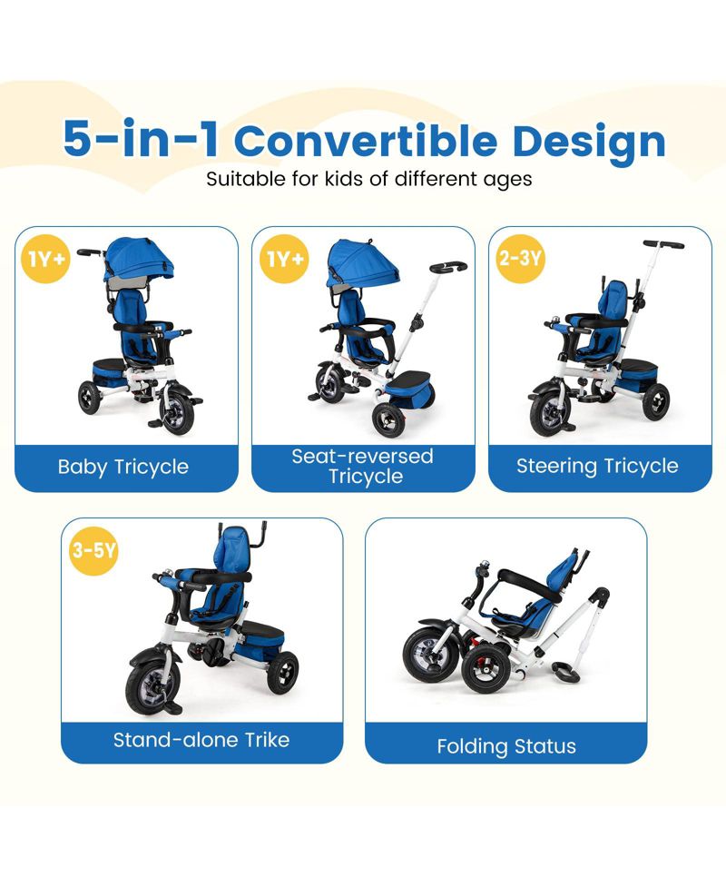 Foldable Tricycle Stroller for Toddlers with Adjustable Canopy and Seat