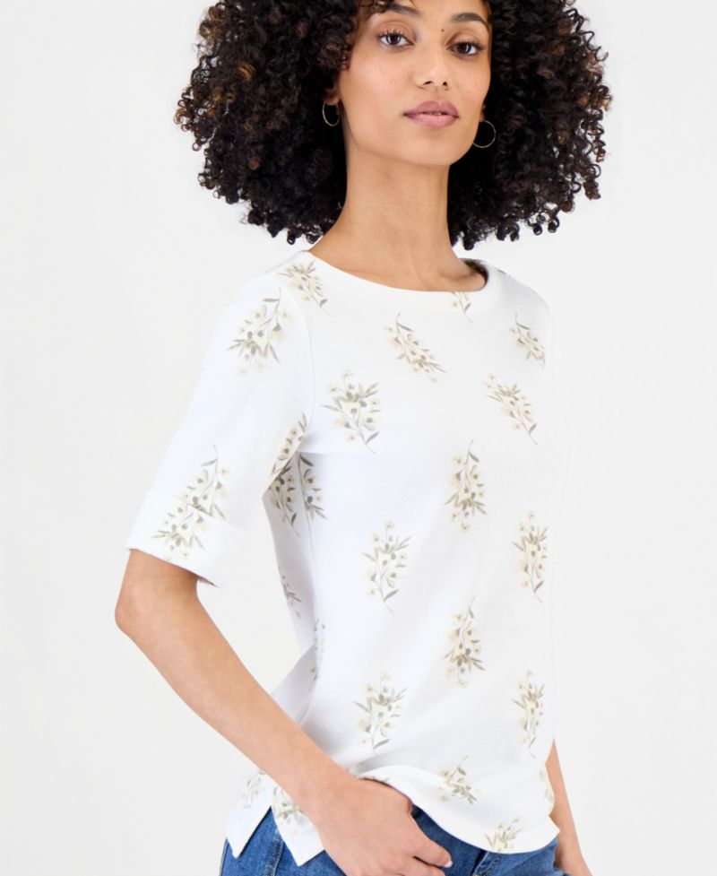 Petite Floral Knit Elbow-Sleeve Top