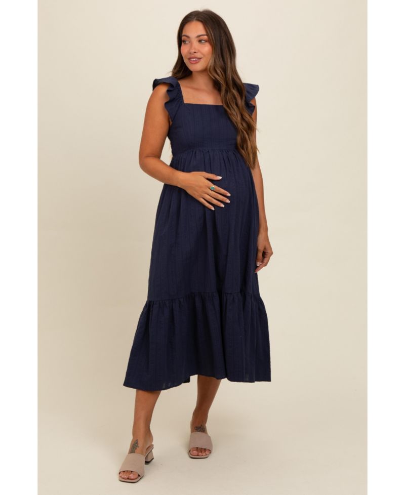 Women's Navy Blue Textured Cotton Ruffle Strap Midi Dress