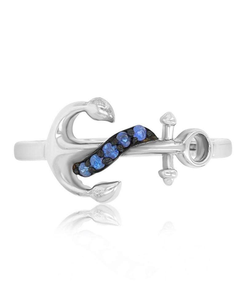 Created Blue Sapphire Anchor Ring in Rhodium Over Sterling Silver