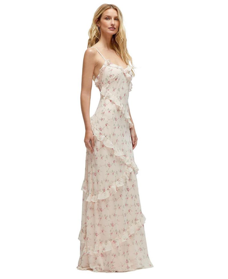 Women's Asymmetrical Ruffle Chiffon Bias Slip Maxi Dress