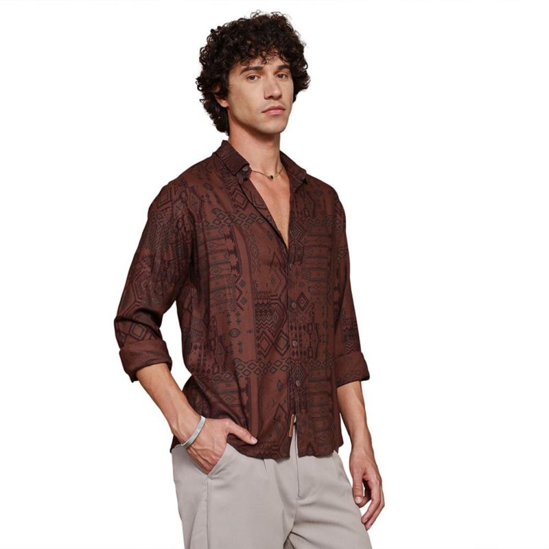 Men's Russet Brown Aztec-Imprint Shirt
