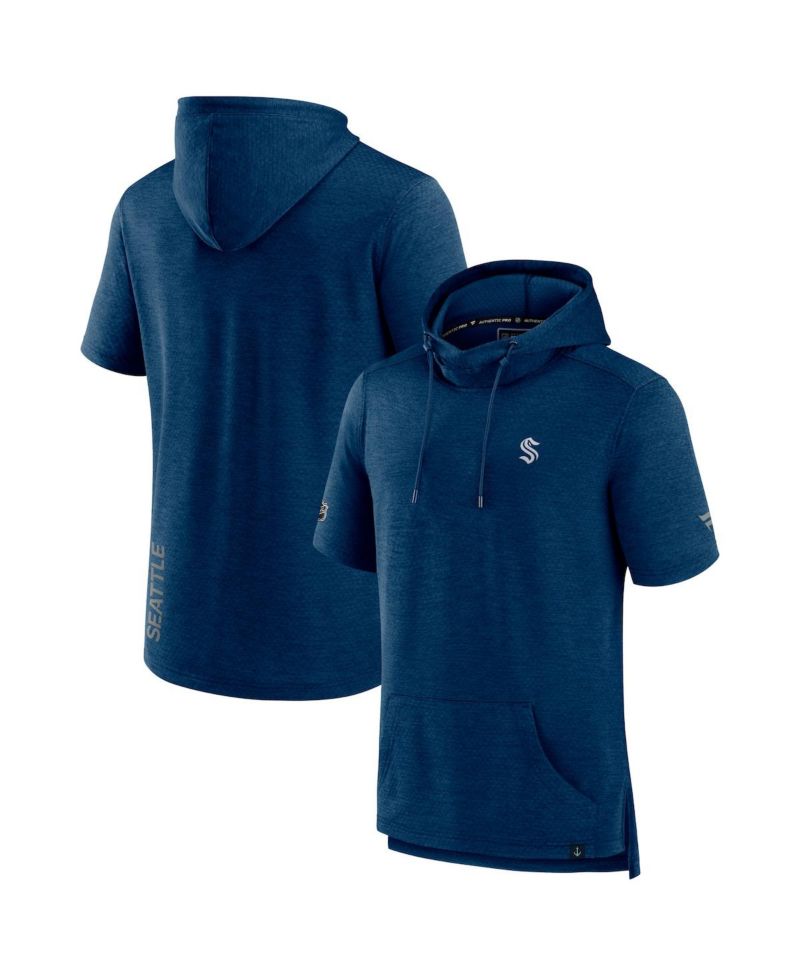 Men's Heather Deep Sea Blue Seattle Kraken Authentic Pro Short Sleeve Pullover Hoodie