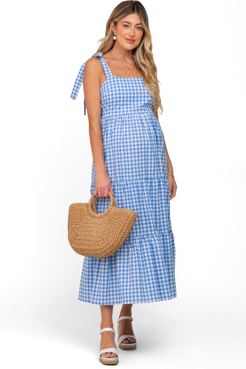 Women's Blue Checkered Sleeveless Tiered Maxi Dress