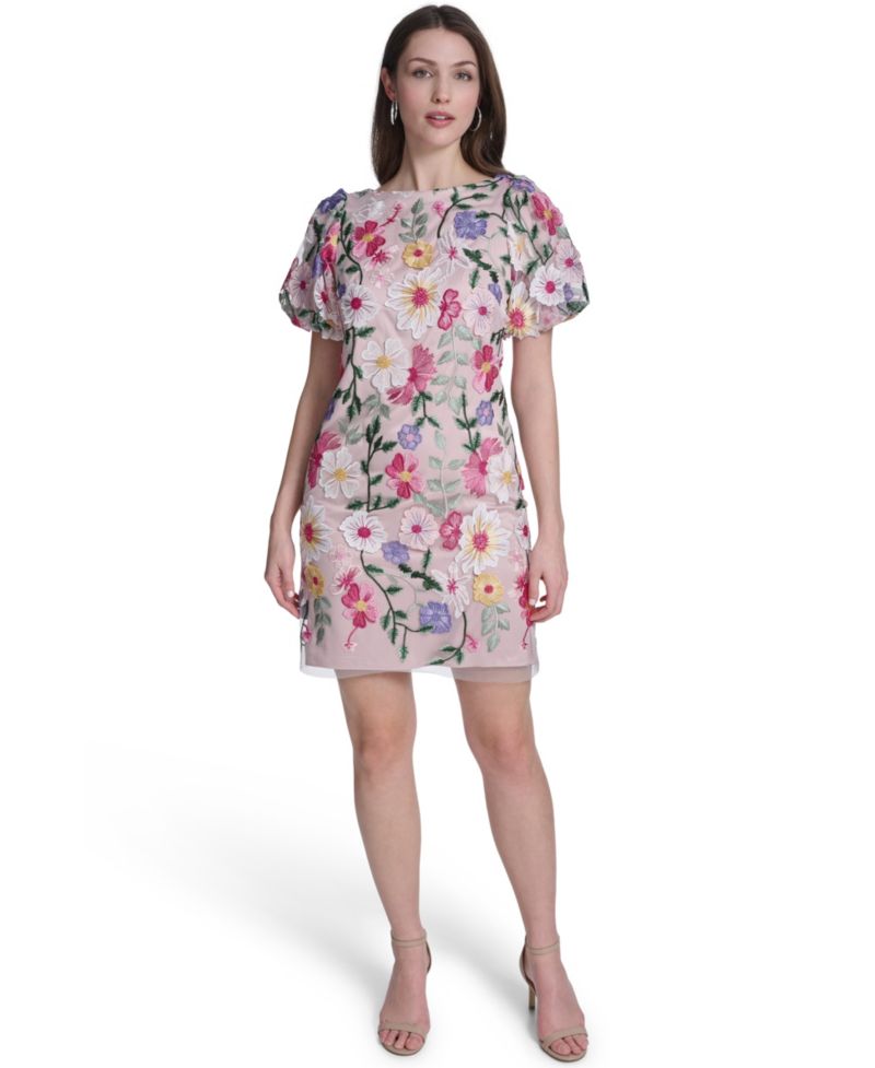 Women's Puff-Sleeve Boat Neck Shift Dress