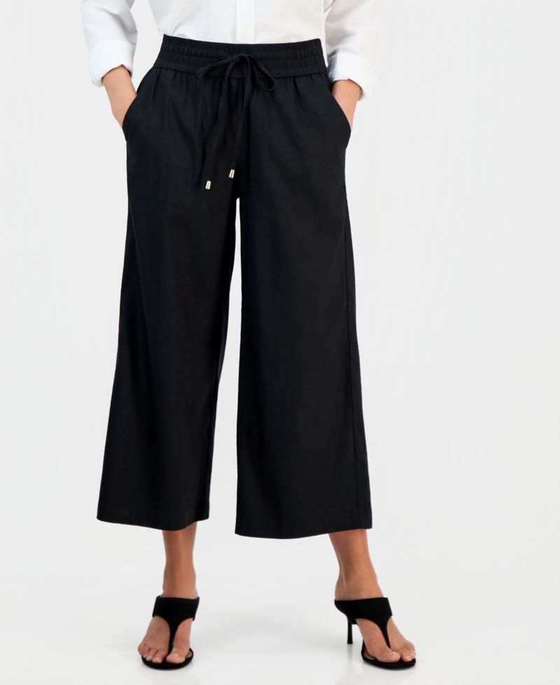 Petite Cropped Linen Wide-Leg Pants
