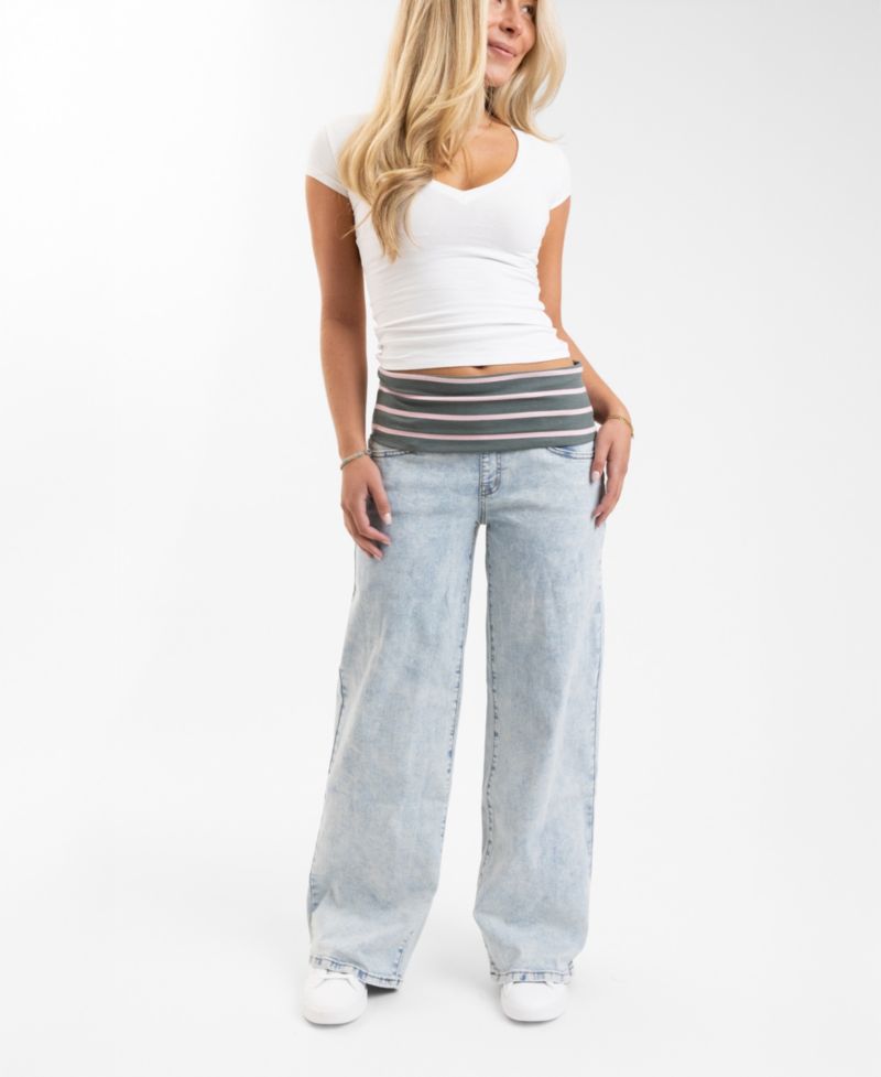 EM + CASS Juniors' Fold Over Waist Low-Rise Wide-Leg Denim