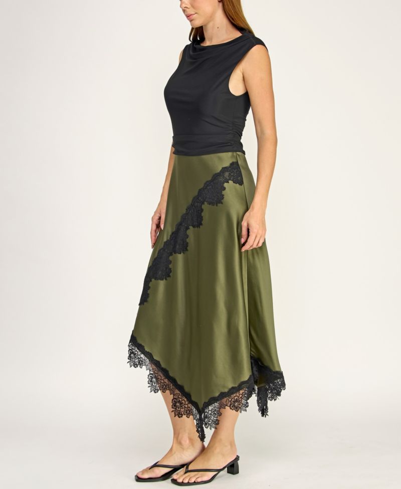 Juniors' Cowl Neck Assymetric Lace Trim Satin Skirt Midi Dress
