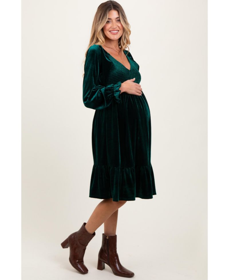Women's Forest Green Velvet Smocked Long Sleeve Dress
