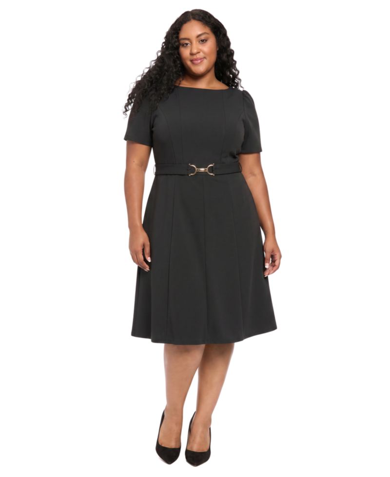Women's Plus Size Belted Fit & Flare Boat Neck Short Sleeve Dress