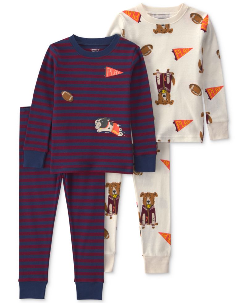 Baby Boys' Dog Striped Cotton Snug-Fit Pajama, 4-Piece Set
