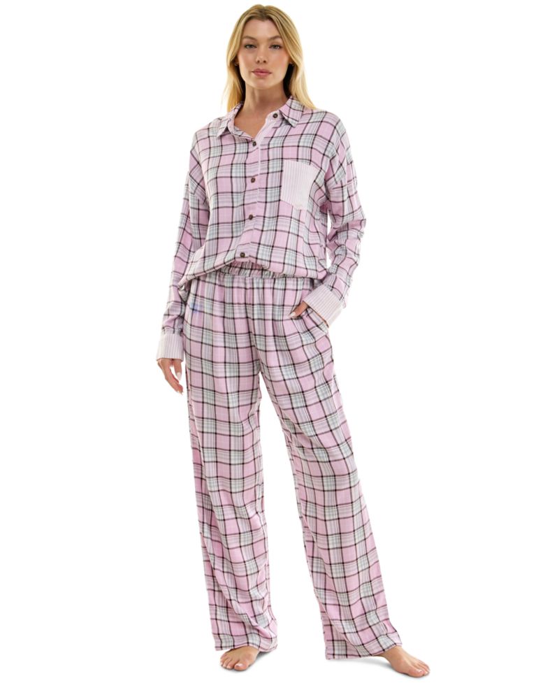 Women's Flannel Collared Long-Sleeve Shirt and Pant Pajama Set