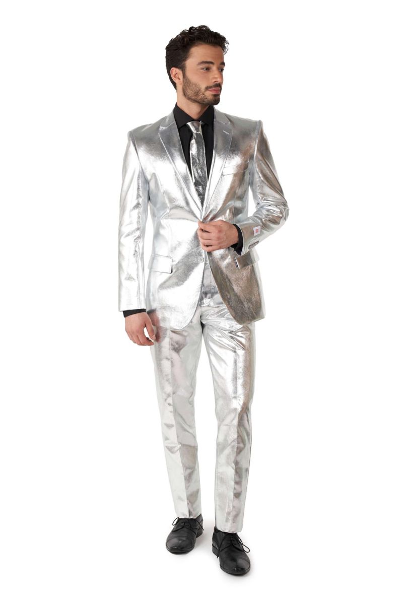 Men's Silver Suit - New Years And Christmas Party Costume - Metallic Shiny Silver - Includes Blazer, Pants and Tie