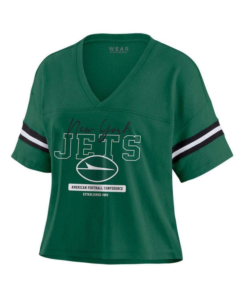 Women's Green New York Jets Color Block Boxy Modest Crop V-Neck T-Shirt